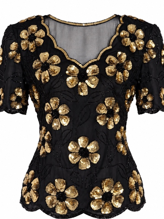 Stenay Tops - Vintage 1980s Stenay Black Gold Silk Sequin Beaded Floral Blouse Women's Small